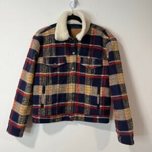 Levi's Women's Wool Trucker Jacket Plaid Red Blue Sherpa Snap Small